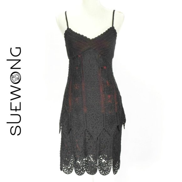 SUE WONG Crochet Embellished Cocktail Dress - Picture 1 of 9